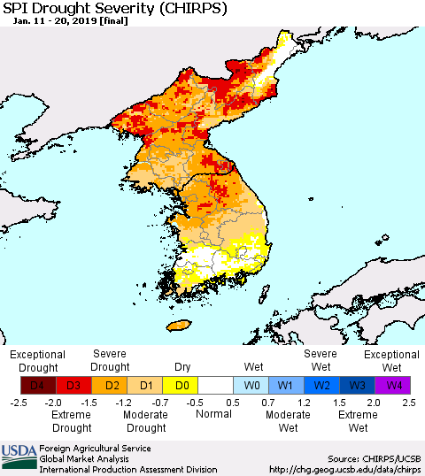 Korea SPI Drought Severity (CHIRPS) Thematic Map For 1/11/2019 - 1/20/2019