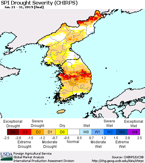 Korea SPI Drought Severity (CHIRPS) Thematic Map For 1/21/2019 - 1/31/2019
