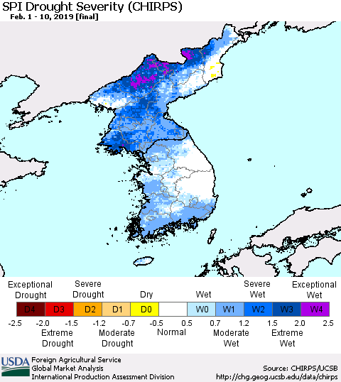 Korea SPI Drought Severity (CHIRPS) Thematic Map For 2/1/2019 - 2/10/2019