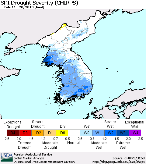 Korea SPI Drought Severity (CHIRPS) Thematic Map For 2/11/2019 - 2/20/2019