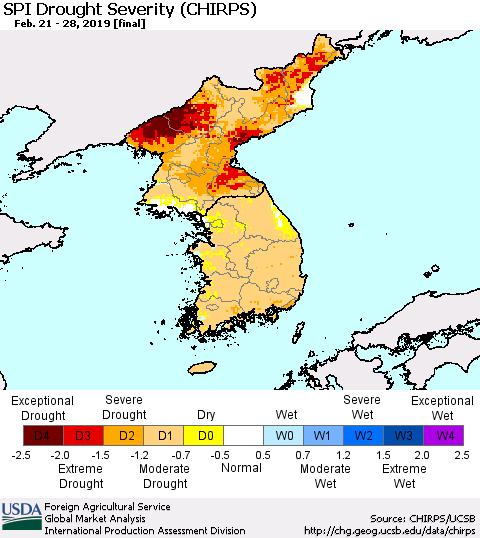 Korea SPI Drought Severity (CHIRPS) Thematic Map For 2/21/2019 - 2/28/2019