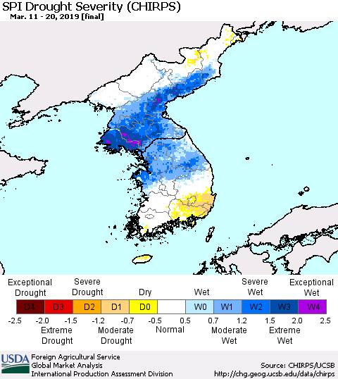 Korea SPI Drought Severity (CHIRPS) Thematic Map For 3/11/2019 - 3/20/2019