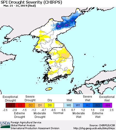 Korea SPI Drought Severity (CHIRPS) Thematic Map For 3/21/2019 - 3/31/2019