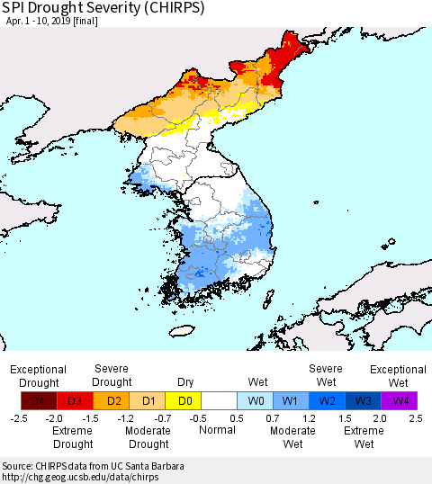 Korea SPI Drought Severity (CHIRPS) Thematic Map For 4/1/2019 - 4/10/2019