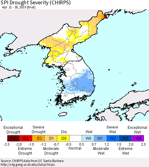 Korea SPI Drought Severity (CHIRPS) Thematic Map For 4/21/2019 - 4/30/2019