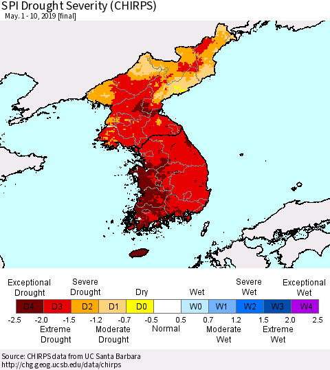 Korea SPI Drought Severity (CHIRPS) Thematic Map For 5/1/2019 - 5/10/2019