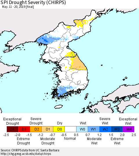 Korea SPI Drought Severity (CHIRPS) Thematic Map For 5/11/2019 - 5/20/2019