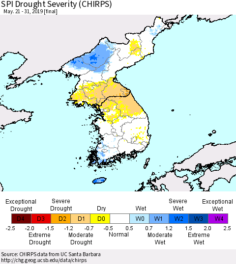 Korea SPI Drought Severity (CHIRPS) Thematic Map For 5/21/2019 - 5/31/2019