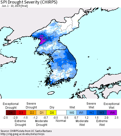 Korea SPI Drought Severity (CHIRPS) Thematic Map For 6/1/2019 - 6/10/2019