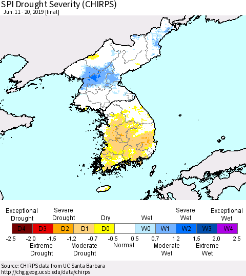 Korea SPI Drought Severity (CHIRPS) Thematic Map For 6/11/2019 - 6/20/2019