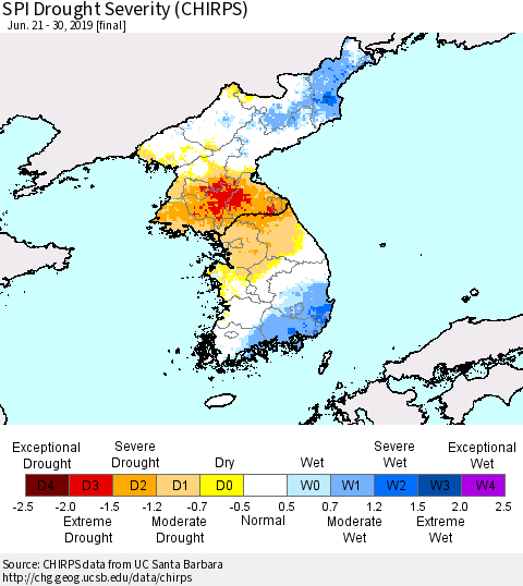 Korea SPI Drought Severity (CHIRPS) Thematic Map For 6/21/2019 - 6/30/2019