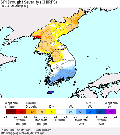 Korea SPI Drought Severity (CHIRPS) Thematic Map For 7/11/2019 - 7/20/2019