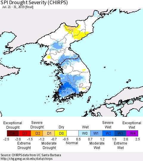 Korea SPI Drought Severity (CHIRPS) Thematic Map For 7/21/2019 - 7/31/2019
