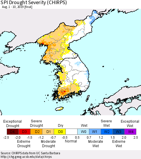 Korea SPI Drought Severity (CHIRPS) Thematic Map For 8/1/2019 - 8/10/2019
