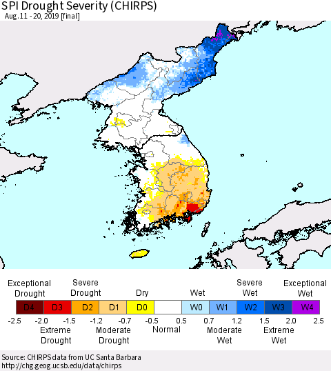 Korea SPI Drought Severity (CHIRPS) Thematic Map For 8/11/2019 - 8/20/2019