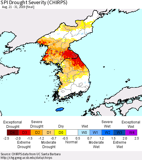 Korea SPI Drought Severity (CHIRPS) Thematic Map For 8/21/2019 - 8/31/2019