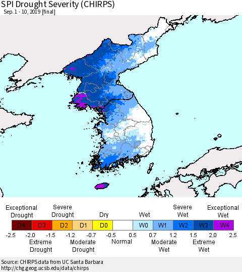 Korea SPI Drought Severity (CHIRPS) Thematic Map For 9/1/2019 - 9/10/2019