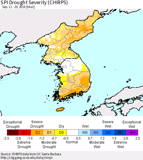 Korea SPI Drought Severity (CHIRPS) Thematic Map For 9/11/2019 - 9/20/2019