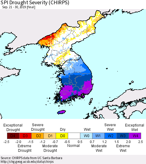 Korea SPI Drought Severity (CHIRPS) Thematic Map For 9/21/2019 - 9/30/2019