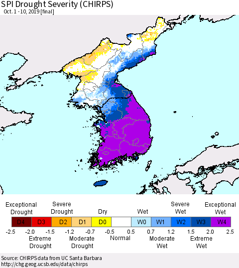 Korea SPI Drought Severity (CHIRPS) Thematic Map For 10/1/2019 - 10/10/2019