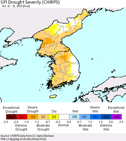 Korea SPI Drought Severity (CHIRPS) Thematic Map For 10/21/2019 - 10/31/2019