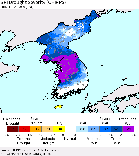 Korea SPI Drought Severity (CHIRPS) Thematic Map For 11/11/2019 - 11/20/2019