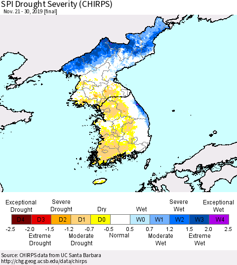 Korea SPI Drought Severity (CHIRPS) Thematic Map For 11/21/2019 - 11/30/2019