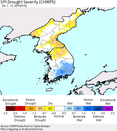 Korea SPI Drought Severity (CHIRPS) Thematic Map For 12/1/2019 - 12/10/2019