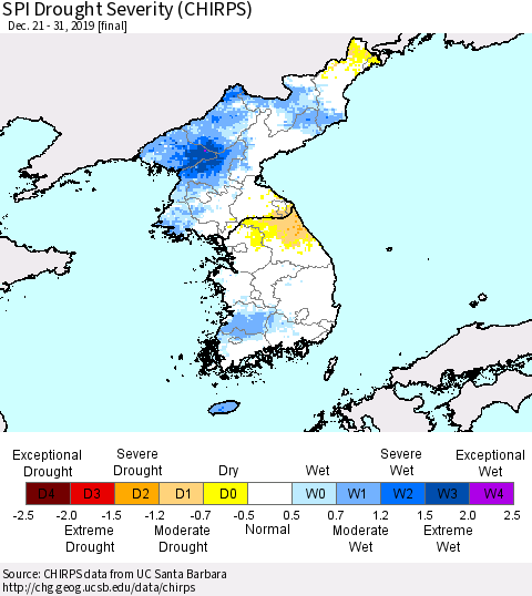 Korea SPI Drought Severity (CHIRPS) Thematic Map For 12/21/2019 - 12/31/2019