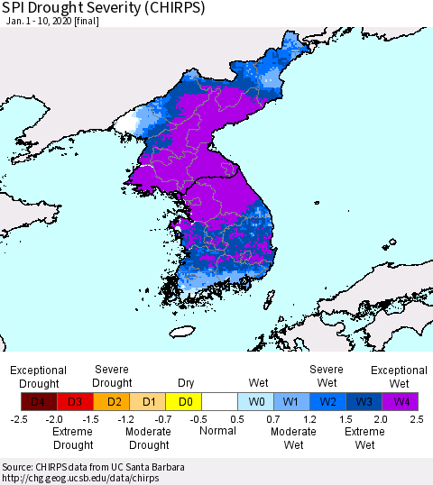 Korea SPI Drought Severity (CHIRPS) Thematic Map For 1/1/2020 - 1/10/2020