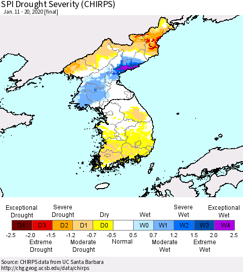 Korea SPI Drought Severity (CHIRPS) Thematic Map For 1/11/2020 - 1/20/2020