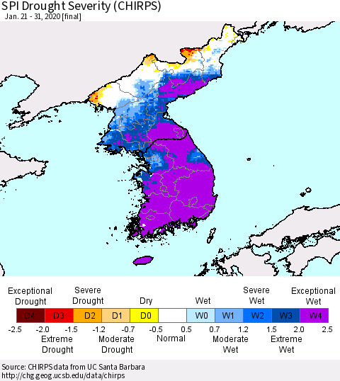 Korea SPI Drought Severity (CHIRPS) Thematic Map For 1/21/2020 - 1/31/2020