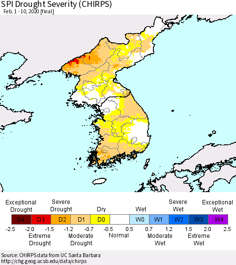 Korea SPI Drought Severity (CHIRPS) Thematic Map For 2/1/2020 - 2/10/2020