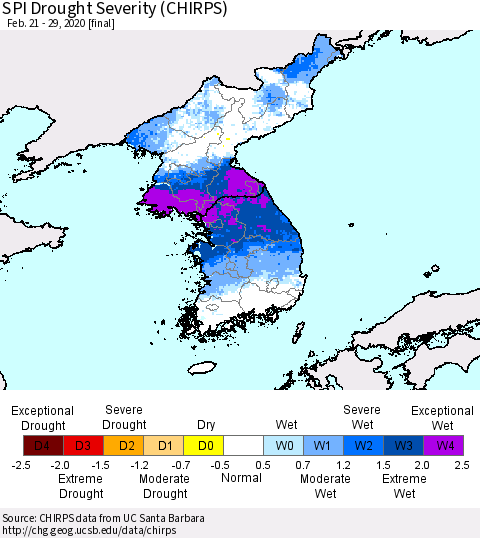 Korea SPI Drought Severity (CHIRPS) Thematic Map For 2/21/2020 - 2/29/2020