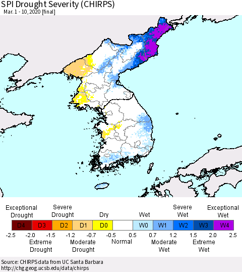Korea SPI Drought Severity (CHIRPS) Thematic Map For 3/1/2020 - 3/10/2020