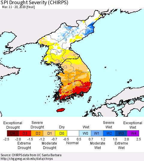 Korea SPI Drought Severity (CHIRPS) Thematic Map For 3/11/2020 - 3/20/2020