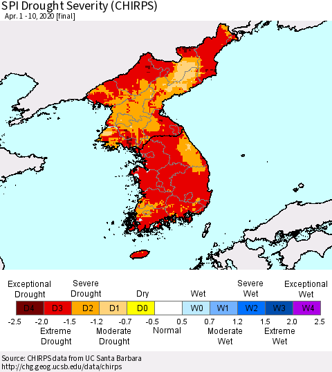Korea SPI Drought Severity (CHIRPS) Thematic Map For 4/1/2020 - 4/10/2020