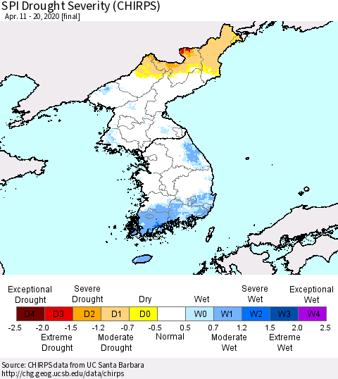 Korea SPI Drought Severity (CHIRPS) Thematic Map For 4/11/2020 - 4/20/2020
