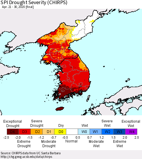 Korea SPI Drought Severity (CHIRPS) Thematic Map For 4/21/2020 - 4/30/2020