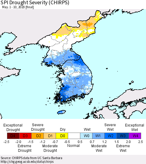 Korea SPI Drought Severity (CHIRPS) Thematic Map For 5/1/2020 - 5/10/2020