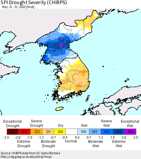 Korea SPI Drought Severity (CHIRPS) Thematic Map For 5/21/2020 - 5/31/2020