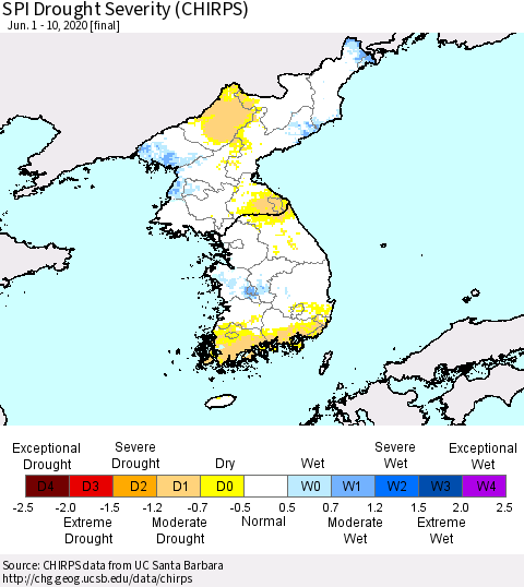 Korea SPI Drought Severity (CHIRPS) Thematic Map For 6/1/2020 - 6/10/2020