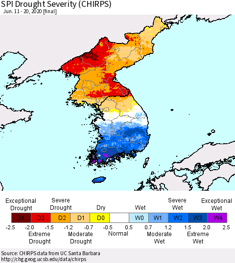 Korea SPI Drought Severity (CHIRPS) Thematic Map For 6/11/2020 - 6/20/2020
