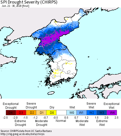 Korea SPI Drought Severity (CHIRPS) Thematic Map For 6/21/2020 - 6/30/2020