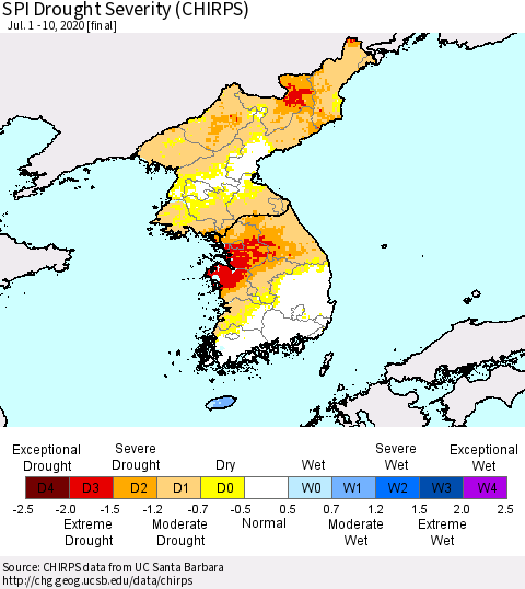 Korea SPI Drought Severity (CHIRPS) Thematic Map For 7/1/2020 - 7/10/2020