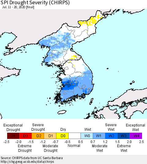 Korea SPI Drought Severity (CHIRPS) Thematic Map For 7/11/2020 - 7/20/2020