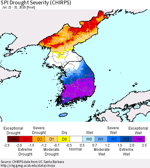 Korea SPI Drought Severity (CHIRPS) Thematic Map For 7/21/2020 - 7/31/2020