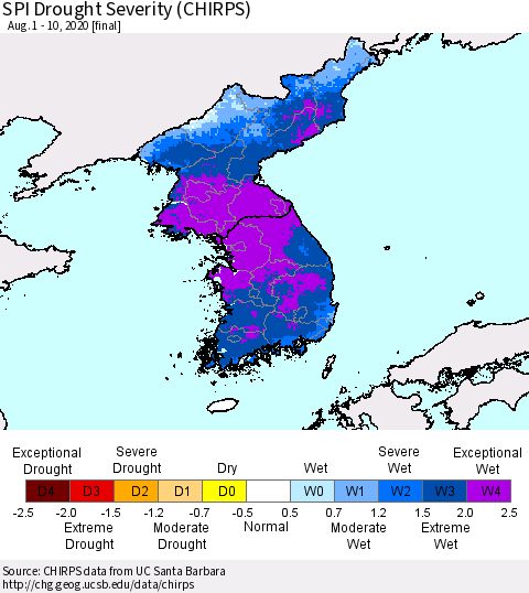 Korea SPI Drought Severity (CHIRPS) Thematic Map For 8/1/2020 - 8/10/2020
