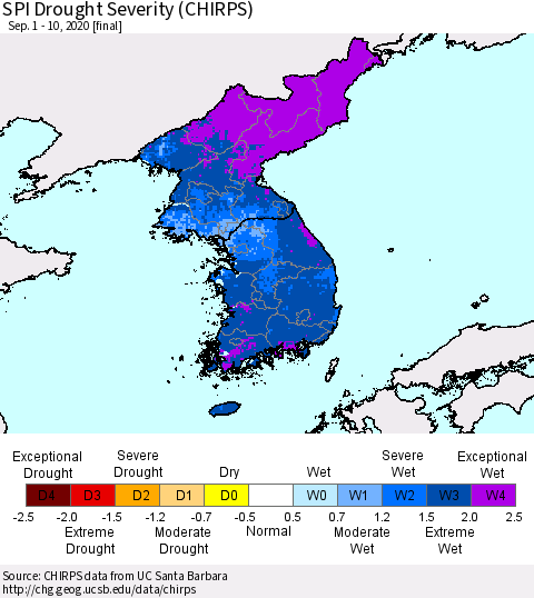 Korea SPI Drought Severity (CHIRPS) Thematic Map For 9/1/2020 - 9/10/2020