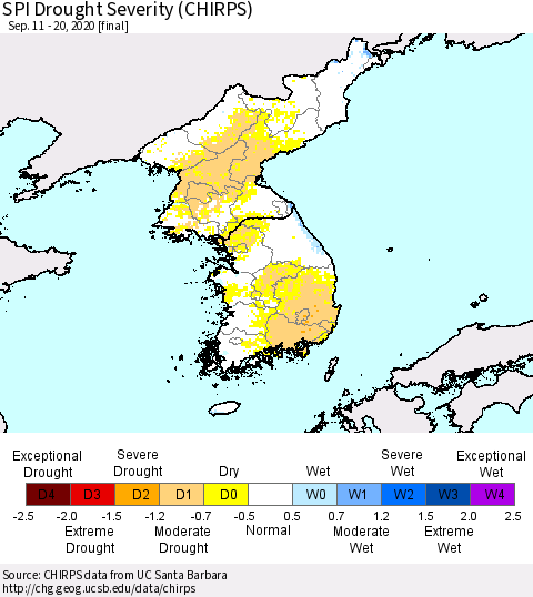 Korea SPI Drought Severity (CHIRPS) Thematic Map For 9/11/2020 - 9/20/2020